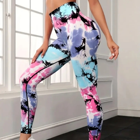 Tie Dye High Waist Yoga Leggings, High Stretch Fashion Sports Pants - Picture 4 of 4